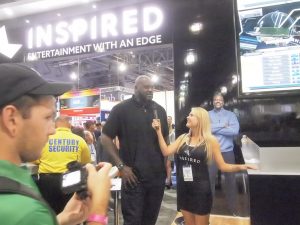 NBA Hall-of-Famer and four-time champion Shaquille O'Neal helps Inspired Gaming launch its Rush Basketball Virtual Sports group brand during G2E Tuesday afternoon. 