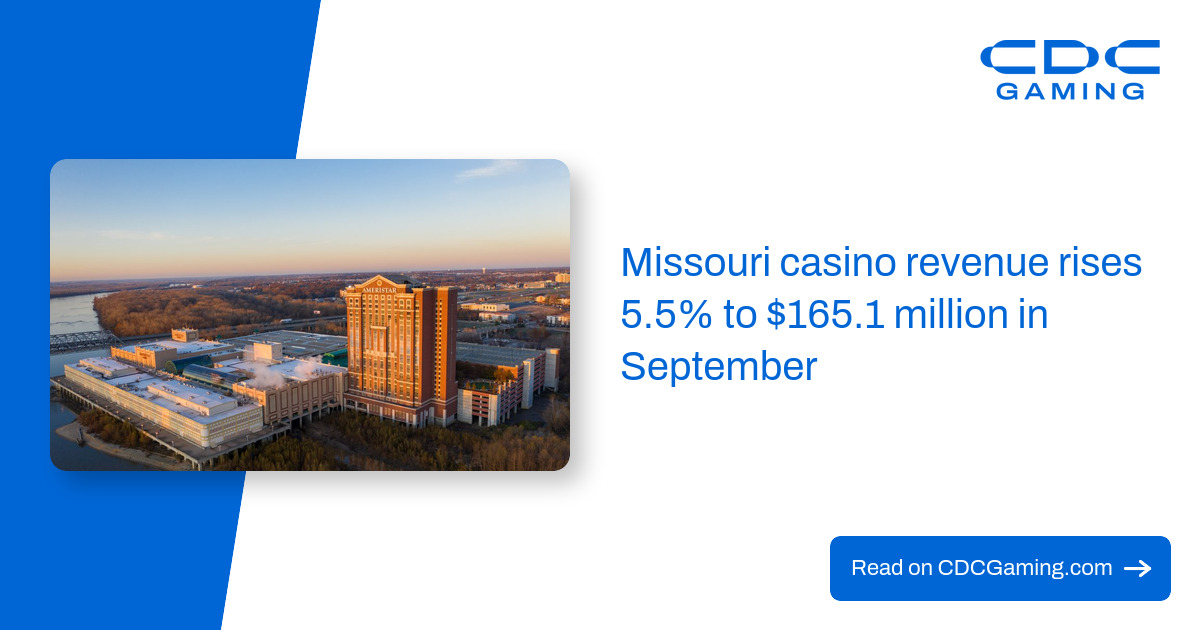 「ミズーリ州のカジノ、9月収益が5.5%増の1億6510万ドルに到達」の関連写真（出典: CDC Gaming Reports）